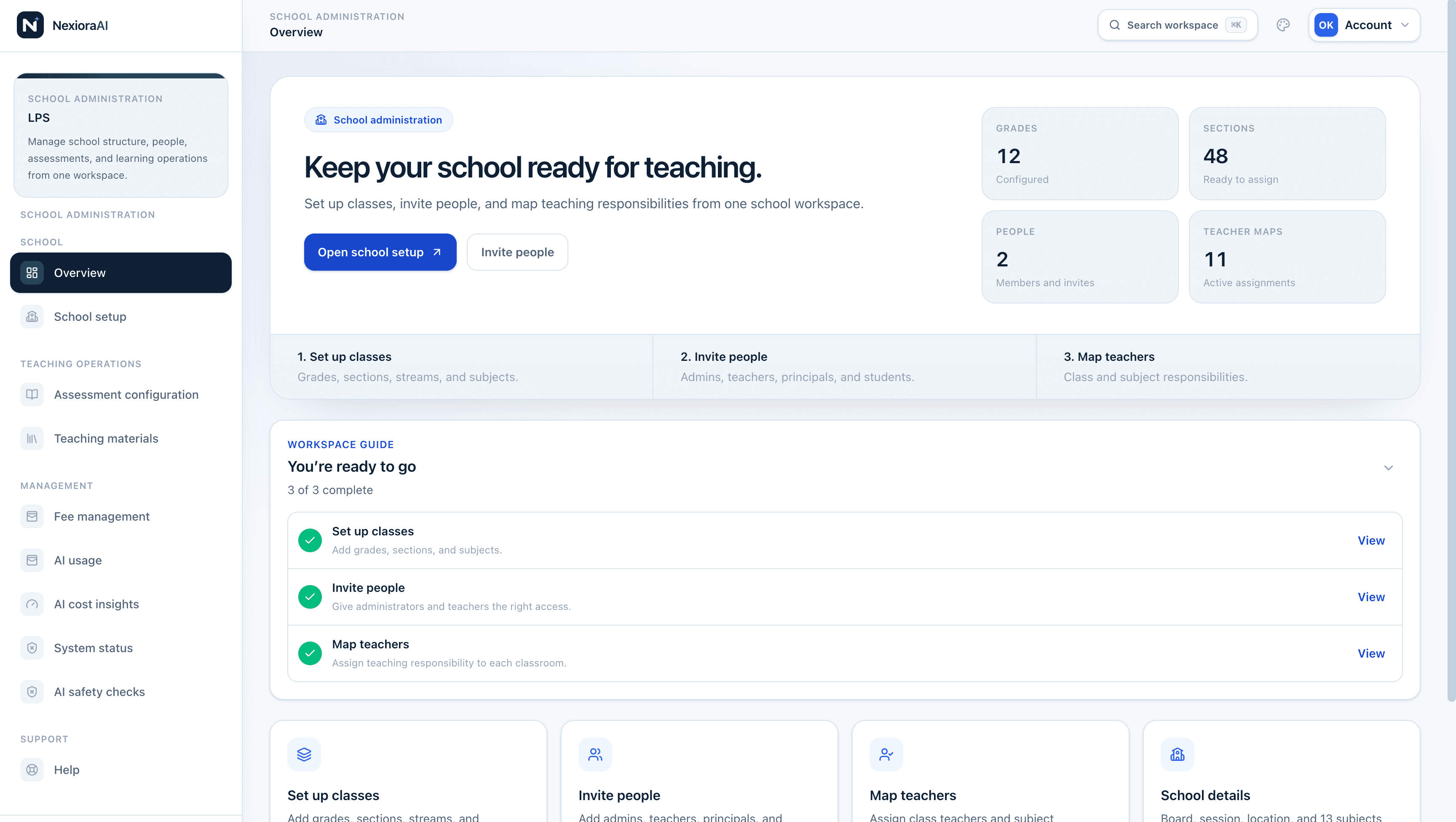 NexioraAI school administration workspace showing school setup progress and management actions