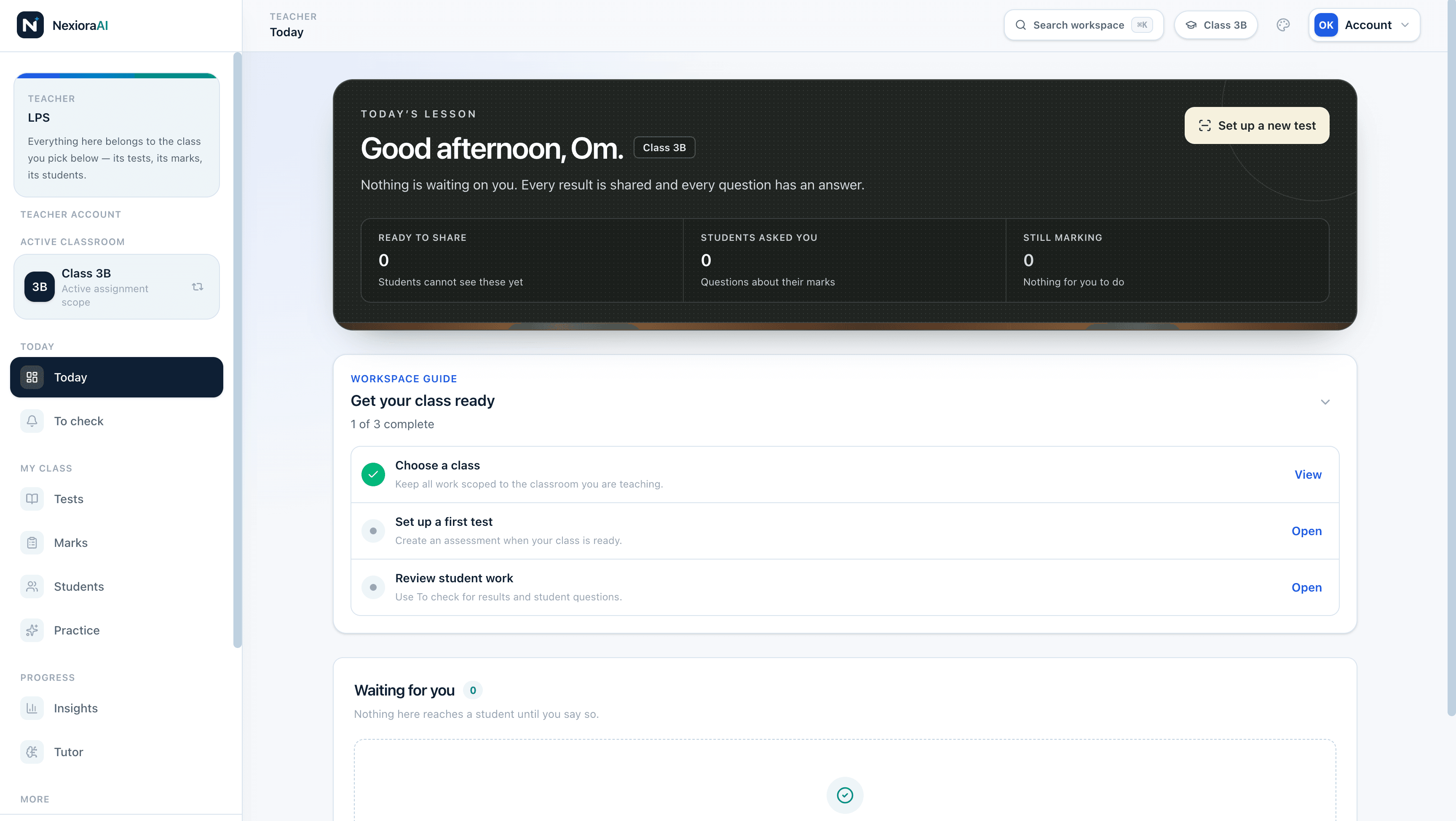 NexioraAI teacher workspace showing a class overview, readiness guide, and review queue